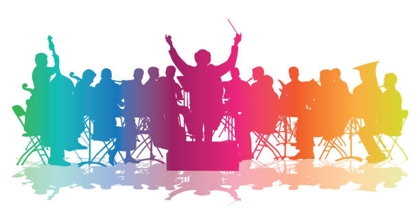 Rainbow coloured silhouette of an orchestra music performance